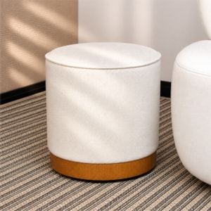 Puff Redondo Aurora em Madeira e Tecido Lona Branco - 41cm