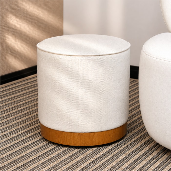 Puff Redondo Aurora em Madeira e Tecido Lona Branco - 41cm - Madel Home