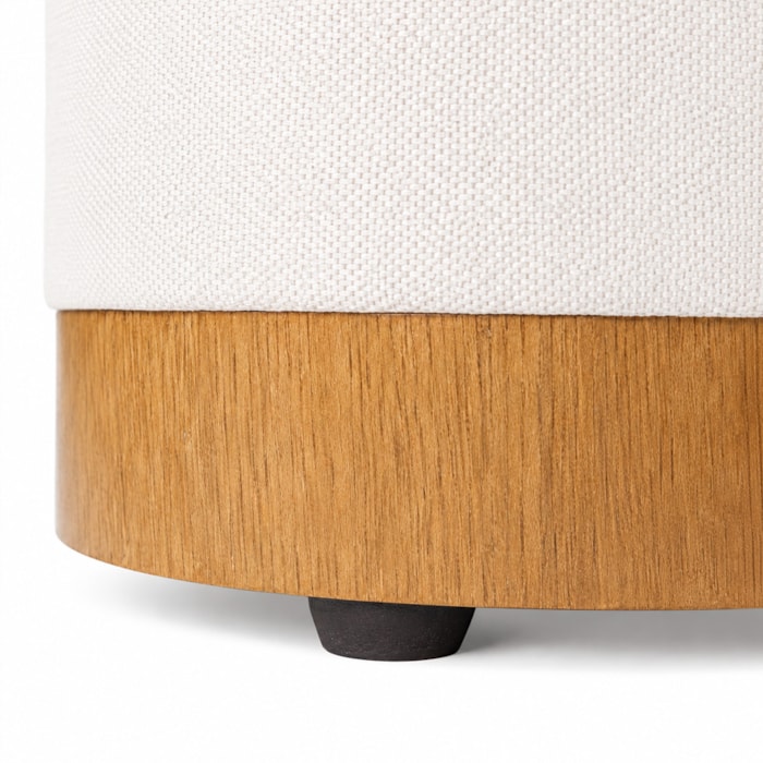 Puff Redondo Aurora em Madeira e Tecido Lona Branco - 41cm - Madel Home