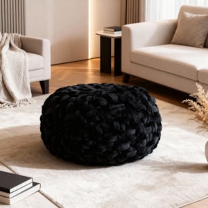 Puff Redondo de Veludo Preto - 42cm