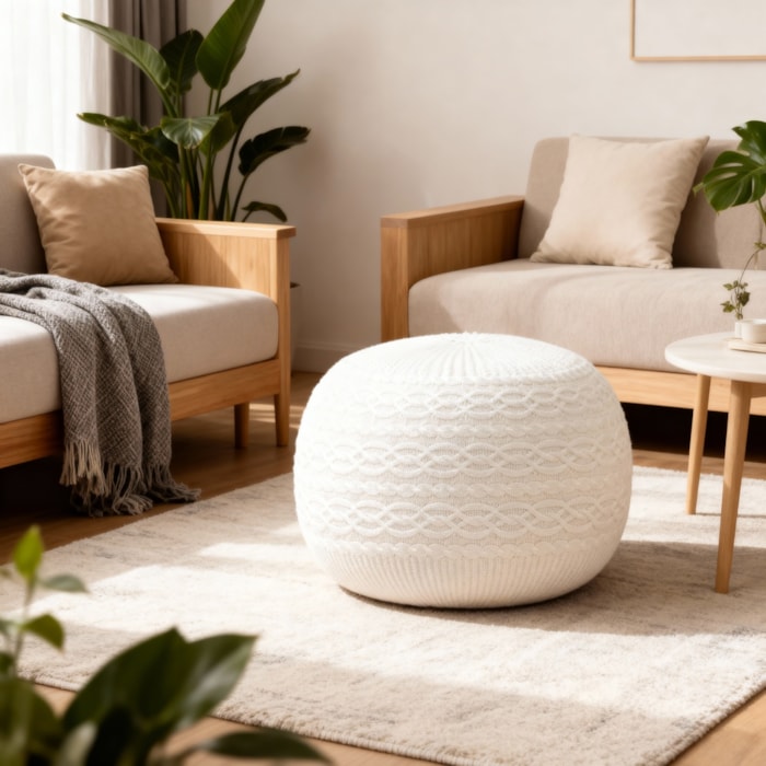Puff Redondo em Tricot Imperial Off White - 40cm - Madel Home