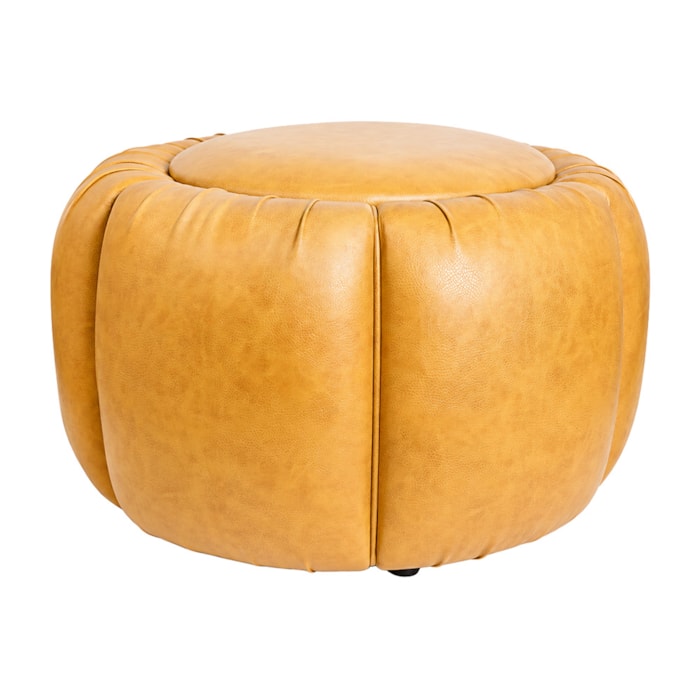 Puff Redondo Flora em Madeira e Couro Sintético Caramelo - 70cm - Madel Home