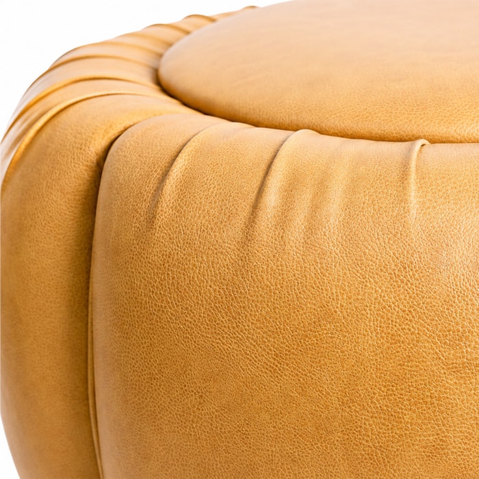 Puff Redondo Flora em Madeira e Couro Sintético Caramelo - 70cm - Madel Home
