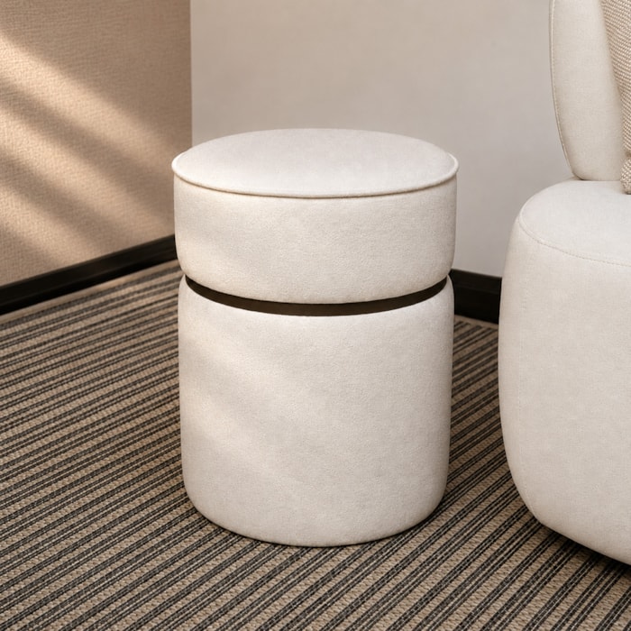 Puff Redondo Gloria em Madeira e Tecido Boucle Branco - 47cm - Madel Home