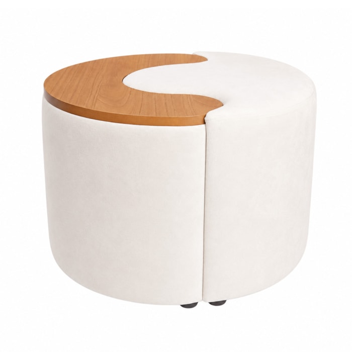 Puff Redondo Maya em Madeira e Tecido Veludo Branco - 62cm - Madel Home