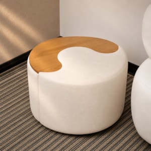 Puff Redondo Maya em Madeira e Tecido Veludo Branco - 62cm