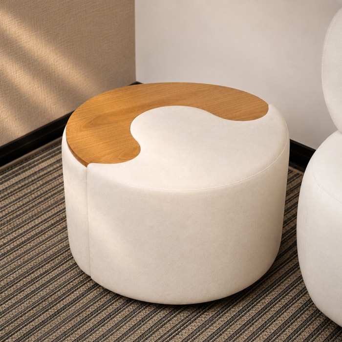 Puff Redondo Maya em Madeira e Tecido Veludo Branco - 62cm - Madel Home