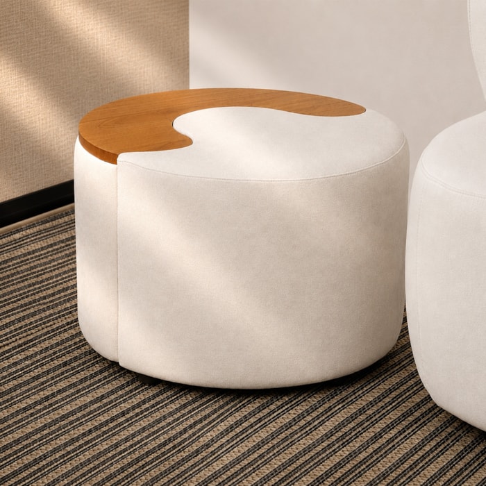 Puff Redondo Maya em Madeira e Tecido Veludo Branco - 62cm - Madel Home