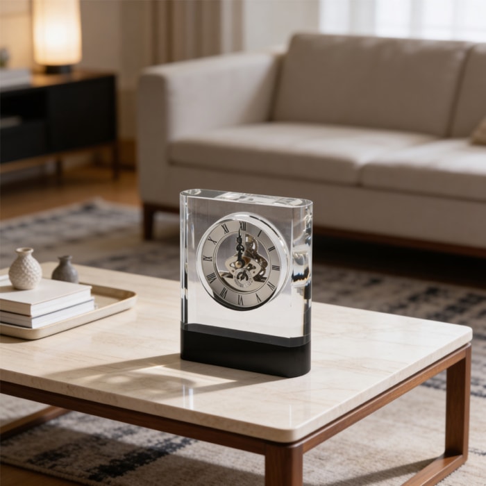 Relógio de Mesa em Cristal Transparente e Preto - Madel Home