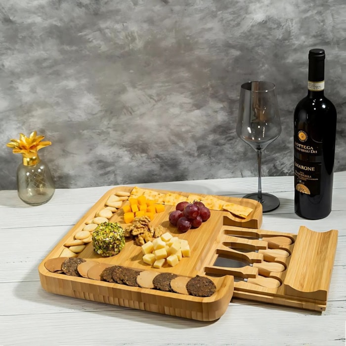 Tábua Quadrada de Queijo em Bambu Natural Magnólia - 9 Peças - Madel Home