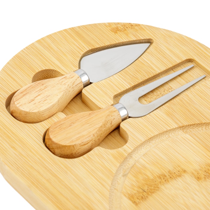 Tábua Redonda de Queijo com Facas em Bambu Natural - 3 Peças - Madel Home