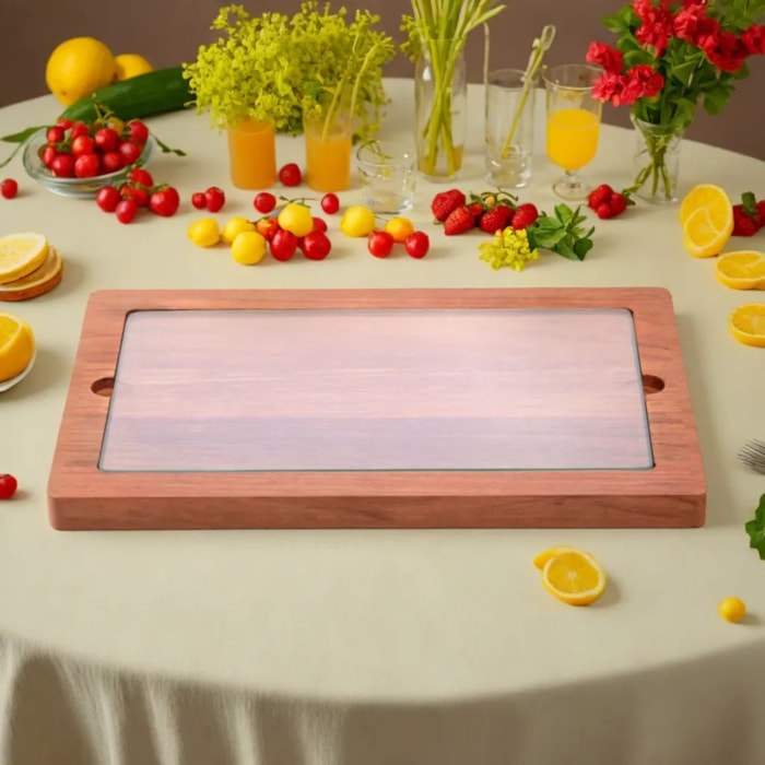 Tábua Retangular de Servir em Vidro e Madeira Jatobá Craft Wolff - 30cm - Madel Home